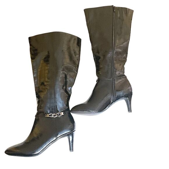 Karen Scott Boots Women Black SZ 7.5M Hanna Croc Wide-Calf Knee High Silver - Picture 2 of 15